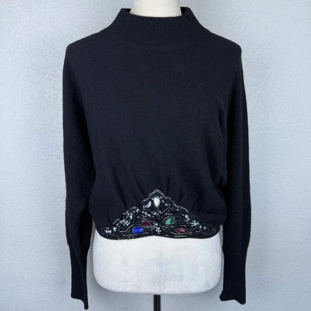Vintage Le Pull Over Irene Leung Wool Black Mock Neck Beaded Gem Sweater Knit